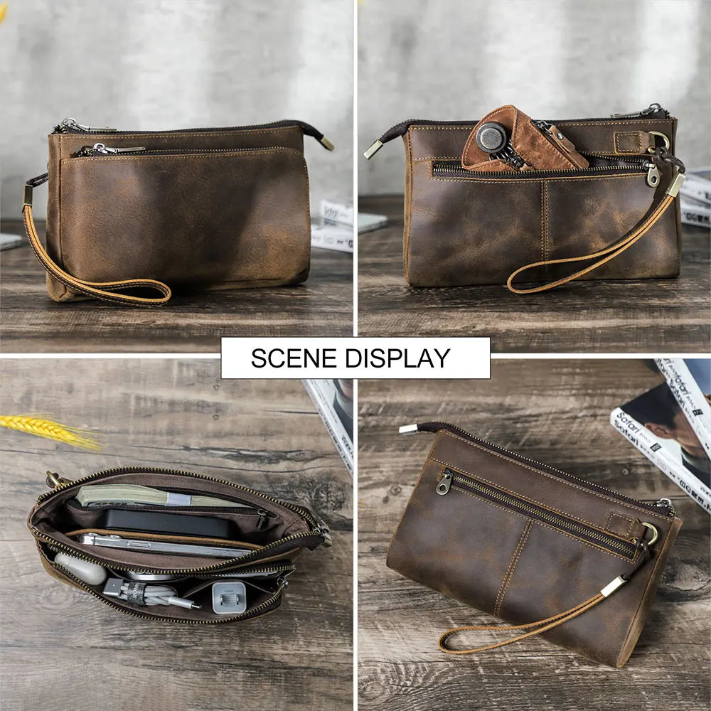 Bolsa de mão masculina de couro genuíno, bolsa de mão para viagem de negócios, grande capacidade, organizador de cabo, bolsa de mão estilo vintage