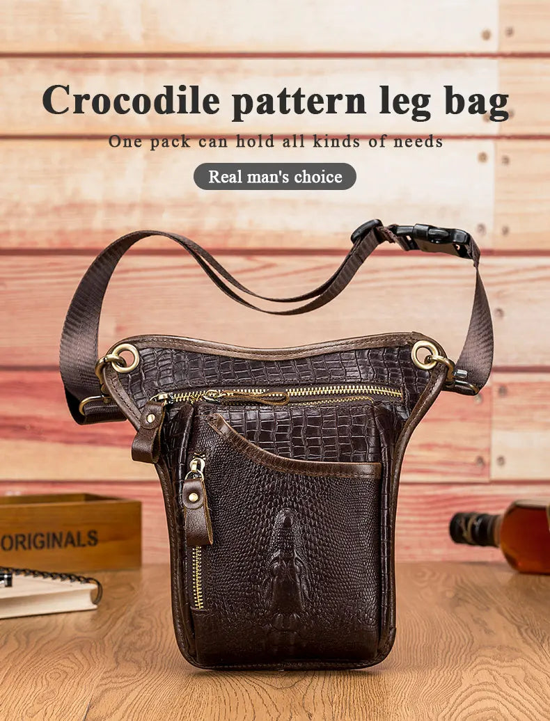 SCHLATUM-Couro Genuíno Motocicleta Fanny, Design Multifunções dos homens, Grão de Crocodilo, Pacote de cinto, Drop Leg Bag