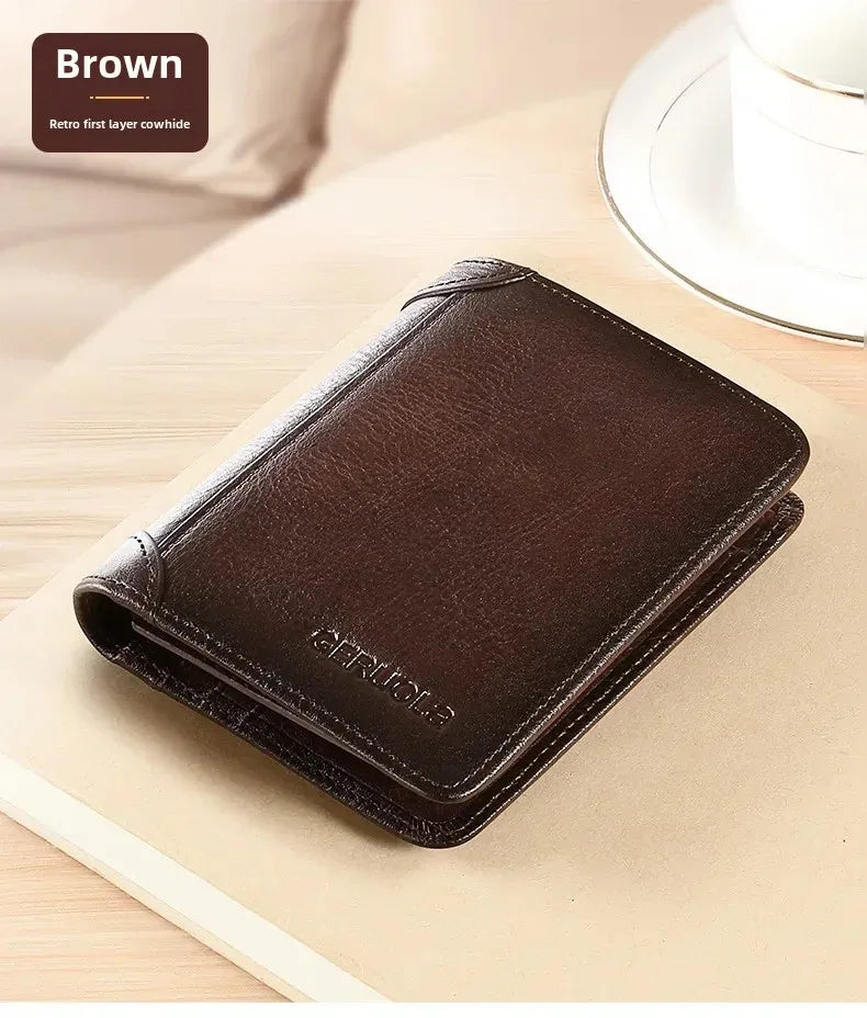 Carteira masculina de couro genuíno com bloqueio rfid, carteira com três dobras, vintage, fina, curta, multifuncional, id, cartão de crédito, bolsa masculina, dinheiro
