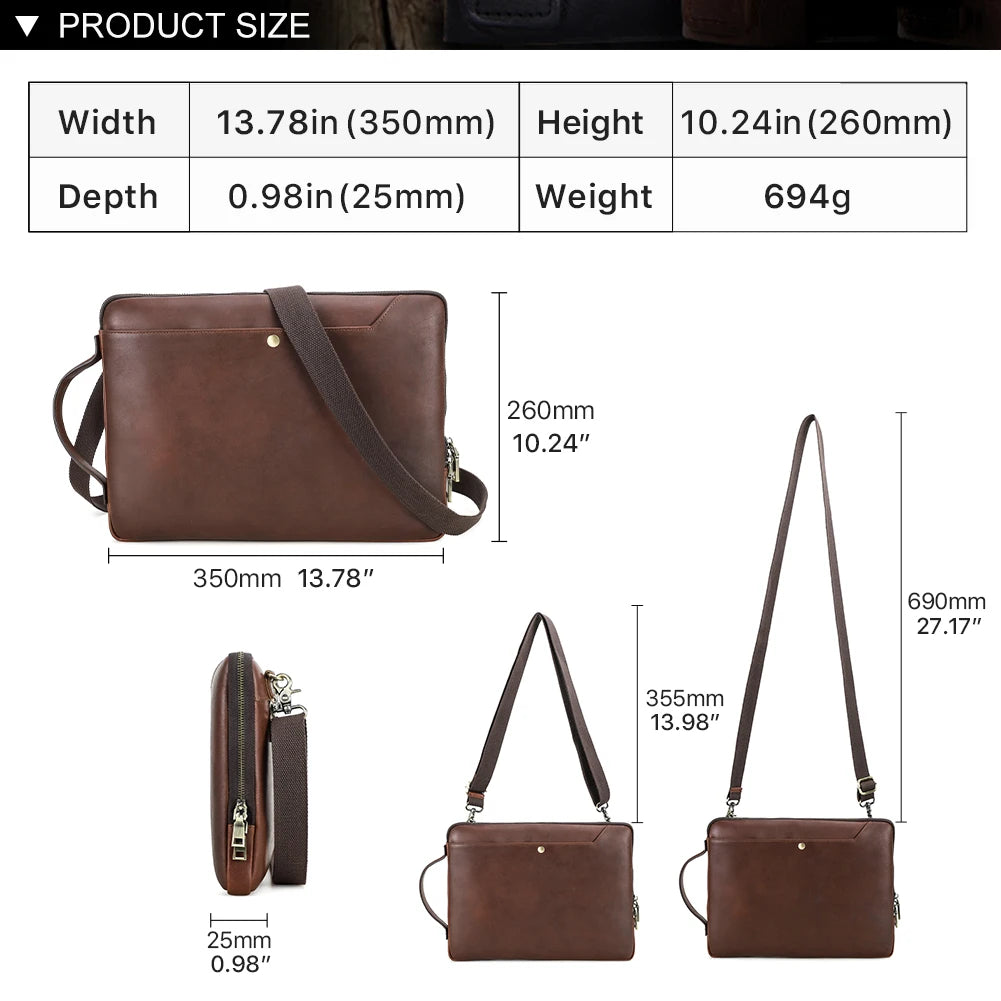 Bolsa de couro genuíno para laptop, bolsa para macbook pro air 14 13, bolsa crossbody, bolsa de negócios com alça de ombro