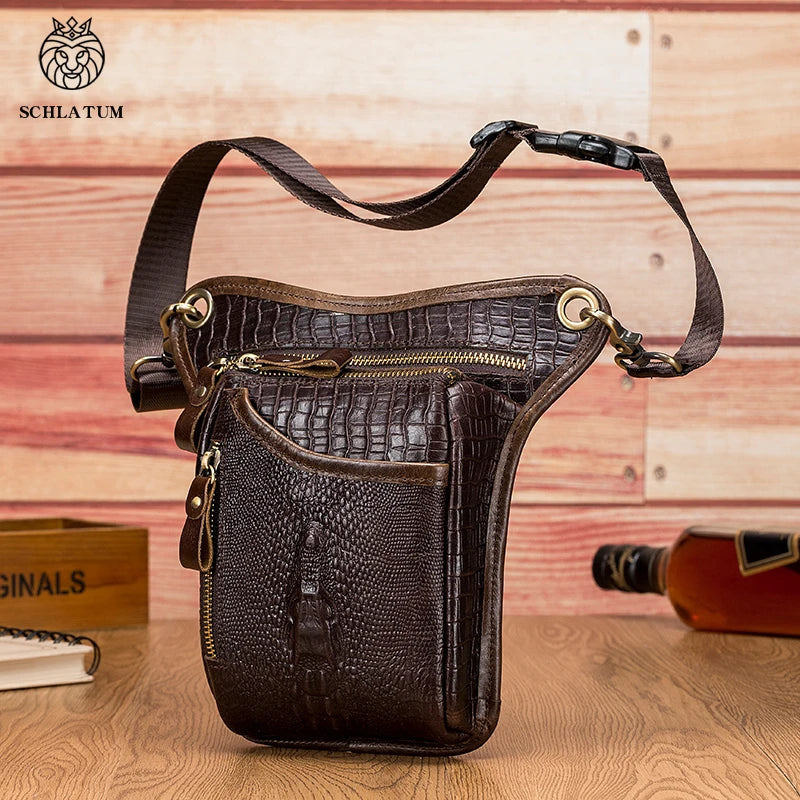 SCHLATUM-Couro Genuíno Motocicleta Fanny, Design Multifunções dos homens, Grão de Crocodilo, Pacote de cinto, Drop Leg Bag