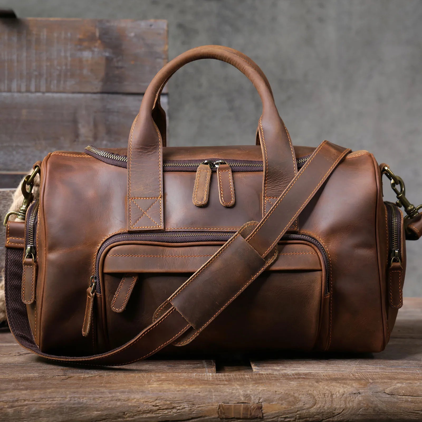 S.WORKER Bolsa de viagem vintage de couro genuíno Crazy Horse Bolsa de lona de couro masculina Bolsa de fim de semana Bolsa de ginástica Bagagem de mão