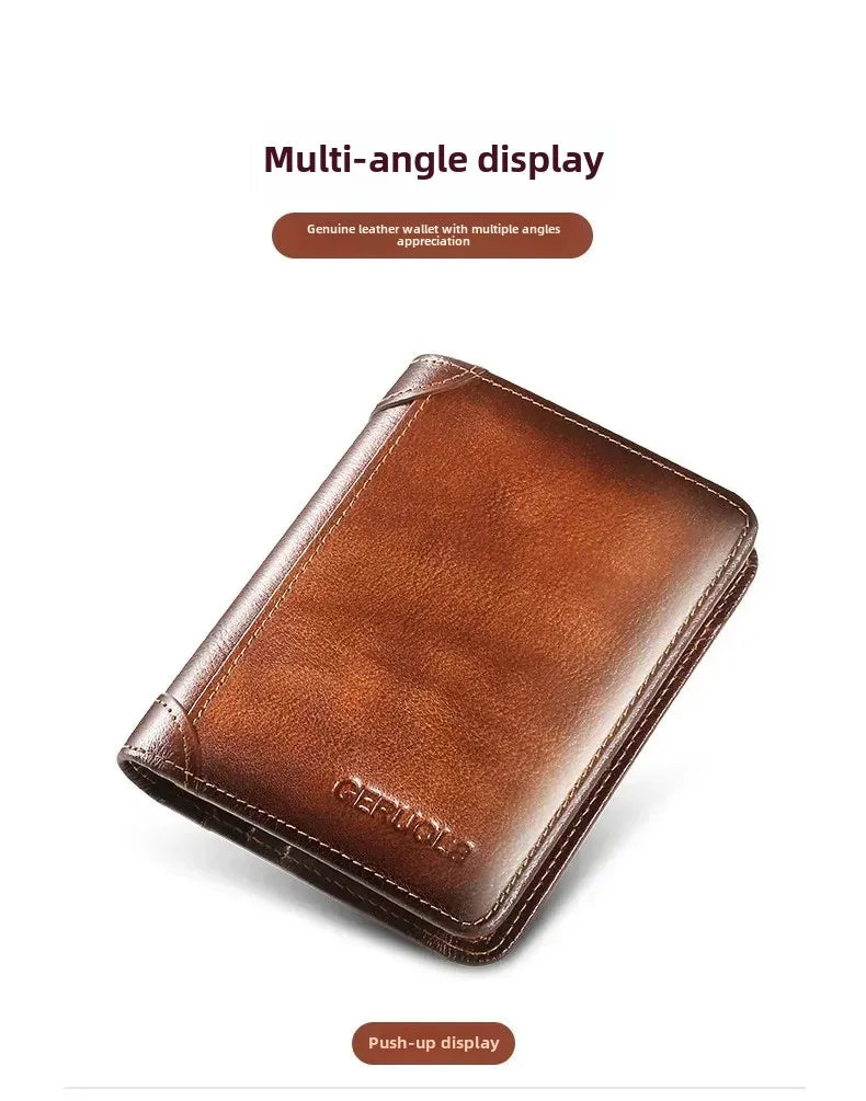 Carteira masculina de couro genuíno com bloqueio rfid, carteira com três dobras, vintage, fina, curta, multifuncional, id, cartão de crédito, bolsa masculina, dinheiro