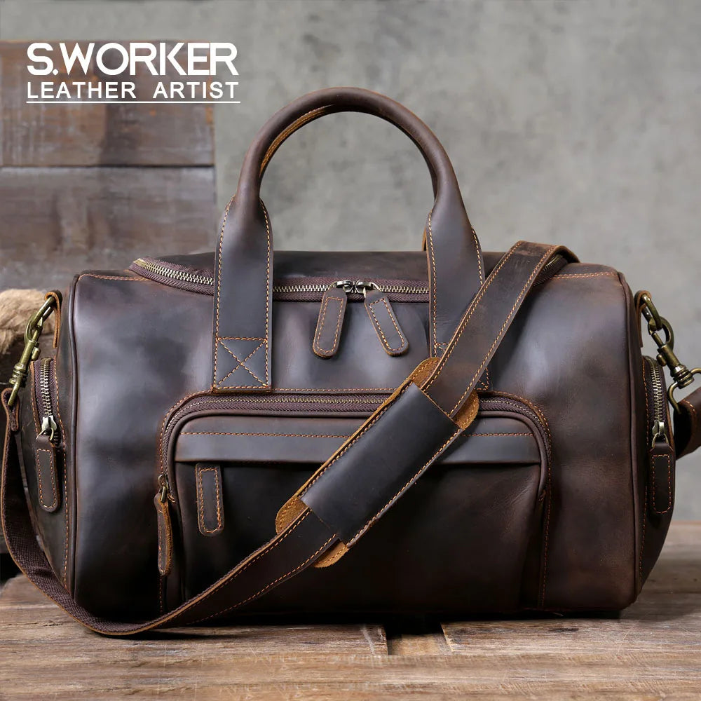 S.WORKER Bolsa de viagem vintage de couro genuíno Crazy Horse Bolsa de lona de couro masculina Bolsa de fim de semana Bolsa de ginástica Bagagem de mão