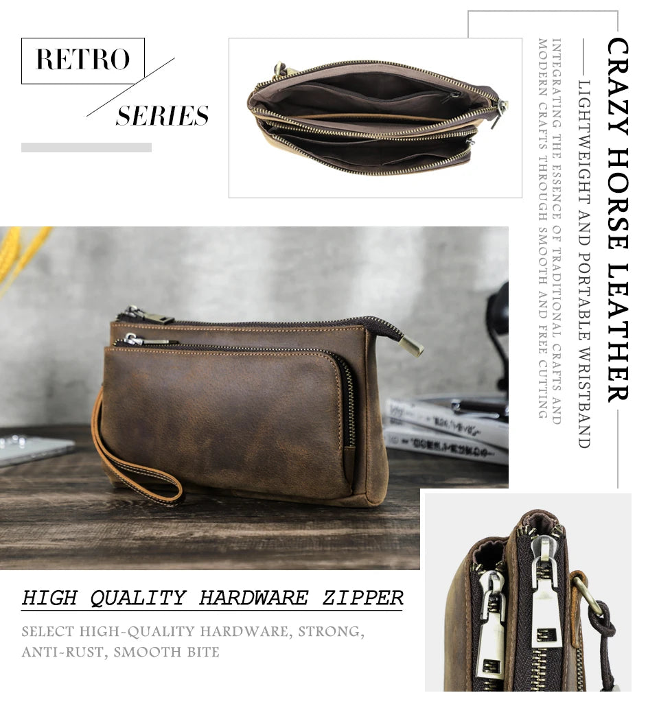 Bolsa de mão masculina de couro genuíno, bolsa de mão para viagem de negócios, grande capacidade, organizador de cabo, bolsa de mão estilo vintage