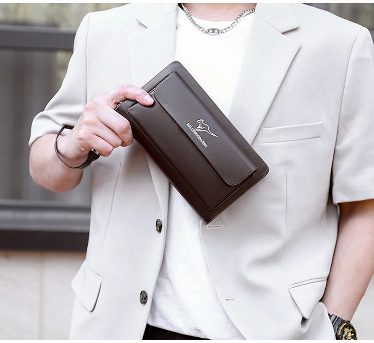 Kangaroo marca masculina bolsa de embreagem moda couro longo bolsa duplo zíper carteira negócios preto marrom masculino casual acessível saco