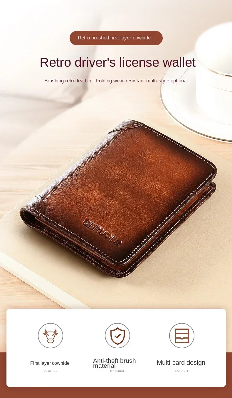Carteira masculina de couro genuíno com bloqueio rfid, carteira com três dobras, vintage, fina, curta, multifuncional, id, cartão de crédito, bolsa masculina, dinheiro