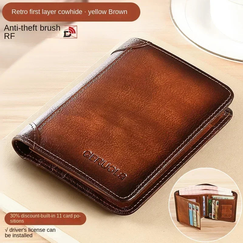 Carteira masculina de couro genuíno com bloqueio rfid, carteira com três dobras, vintage, fina, curta, multifuncional, id, cartão de crédito, bolsa masculina, dinheiro