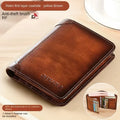 Carteira masculina de couro genuíno com bloqueio rfid, carteira com três dobras, vintage, fina, curta, multifuncional, id, cartão de crédito, bolsa masculina, dinheiro
