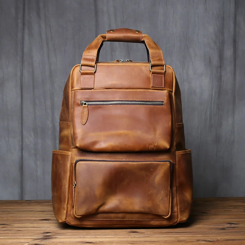 NZPJ-Mochila masculina retrô de couro de camada superior, grande capacidade, bolsa para computador, Crazy Horse, lazer e viagem