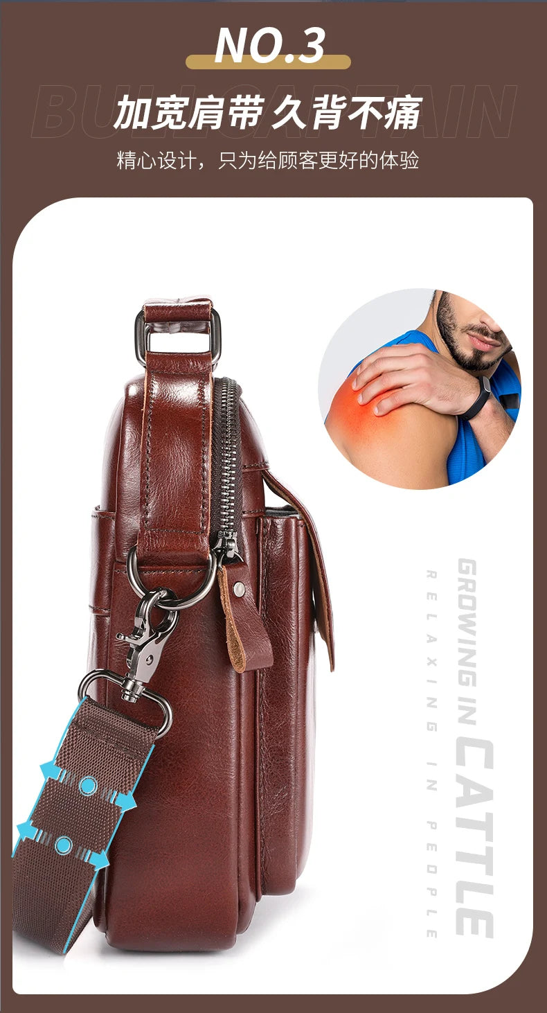 BULLCAPTAIN-Bolsa De Ombro De Couro Genuíno Para Homens, Bolsa Multifuncional Tablet, Bolsa Crossbody Casual, Couro De Vaca Retro, 7.9"