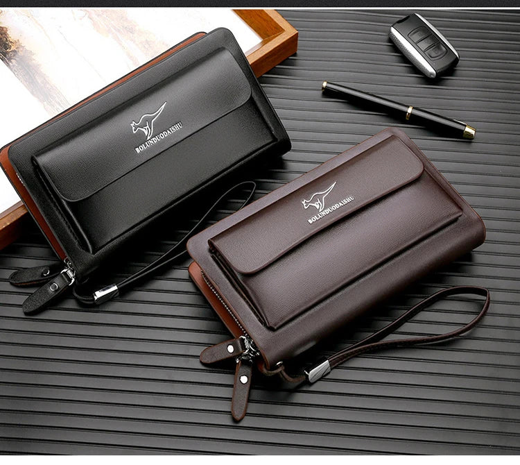 Kangaroo marca masculina bolsa de embreagem moda couro longo bolsa duplo zíper carteira negócios preto marrom masculino casual acessível saco