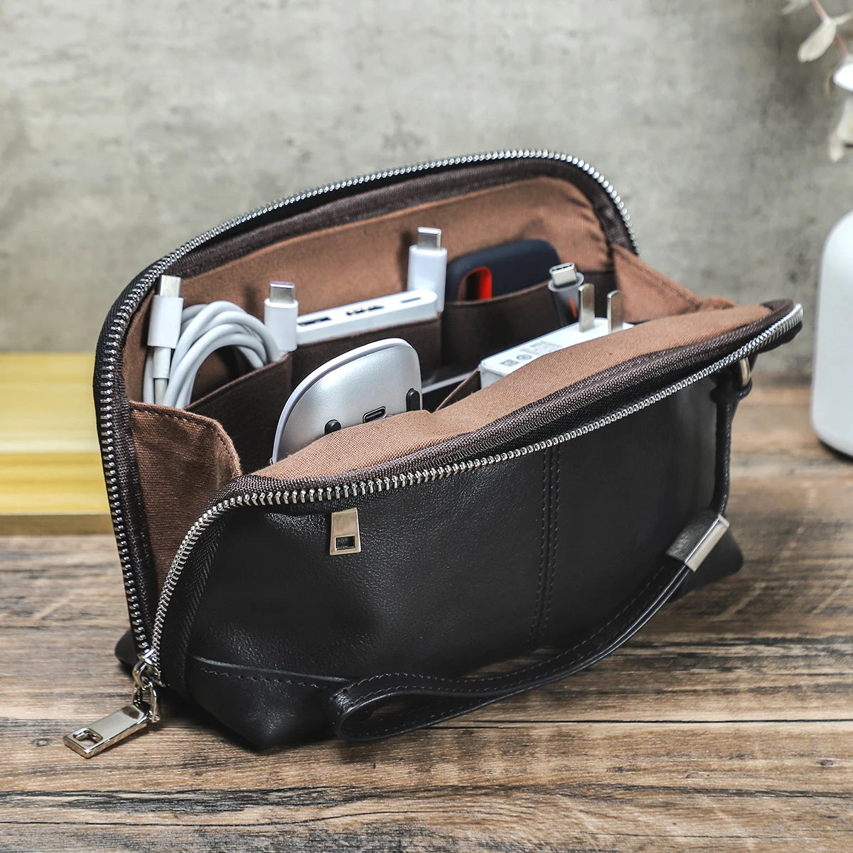 Contact's bolsa de mão de viagem masculina, carteira de couro genuíno, bolsa casual, organizador de cabo de carga, bolsa de armazenamento