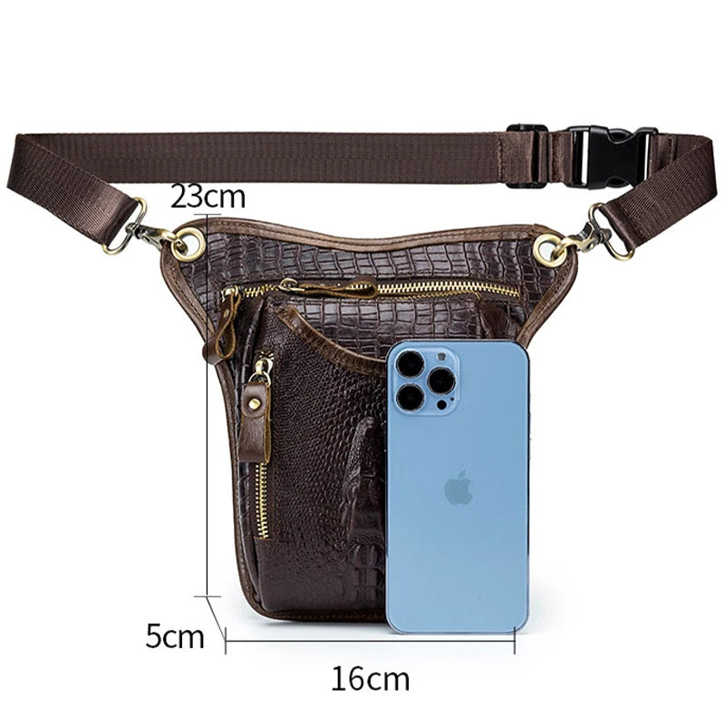 SCHLATUM-Couro Genuíno Motocicleta Fanny, Design Multifunções dos homens, Grão de Crocodilo, Pacote de cinto, Drop Leg Bag