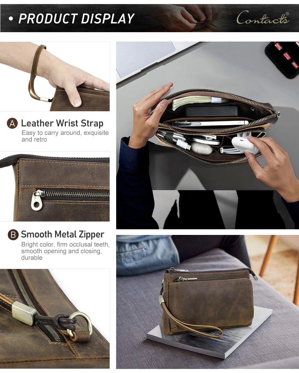 Bolsa de mão masculina de couro genuíno, bolsa de mão para viagem de negócios, grande capacidade, organizador de cabo, bolsa de mão estilo vintage