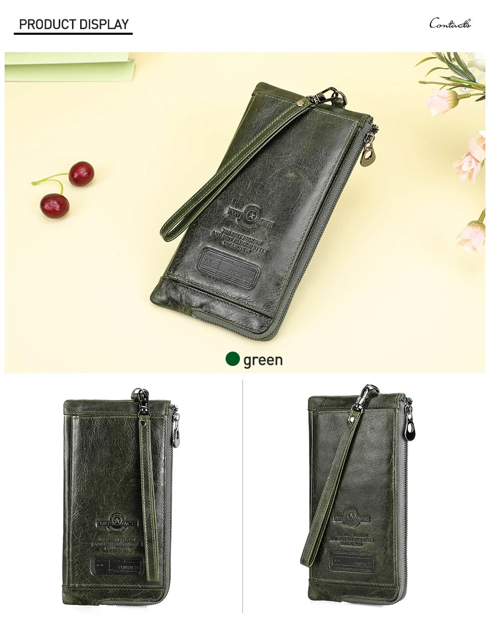 Carteira longa de couro genuíno da CONTACT'S para homens com zíper duplo carteira titular do cartão bolsa de moedas clipe de dinheiro bolsa feminina