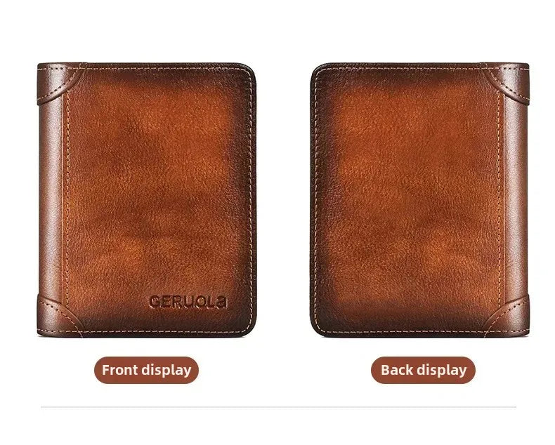 Carteira masculina de couro genuíno com bloqueio rfid, carteira com três dobras, vintage, fina, curta, multifuncional, id, cartão de crédito, bolsa masculina, dinheiro