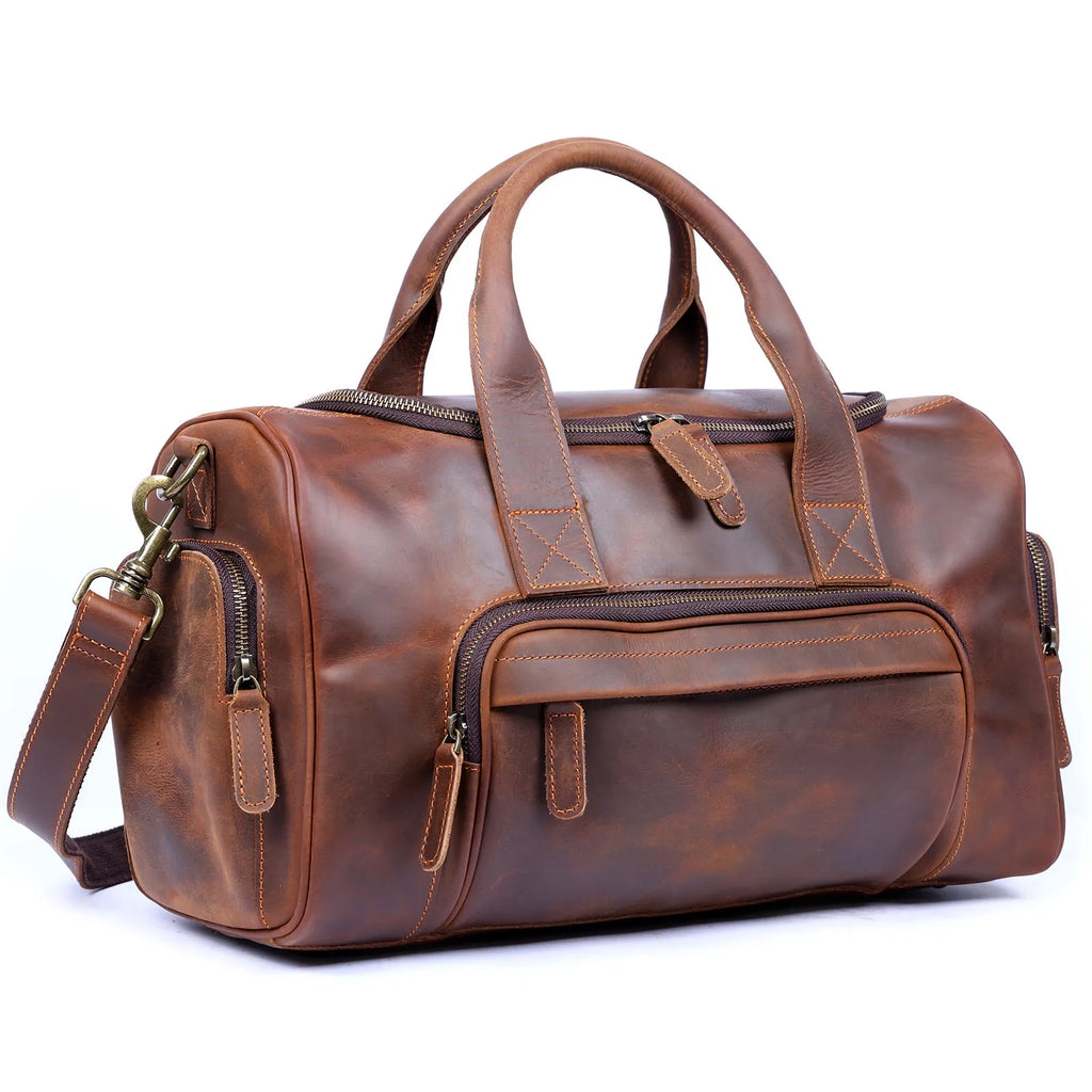 S.WORKER Bolsa de viagem vintage de couro genuíno Crazy Horse Bolsa de lona de couro masculina Bolsa de fim de semana Bolsa de ginástica Bagagem de mão