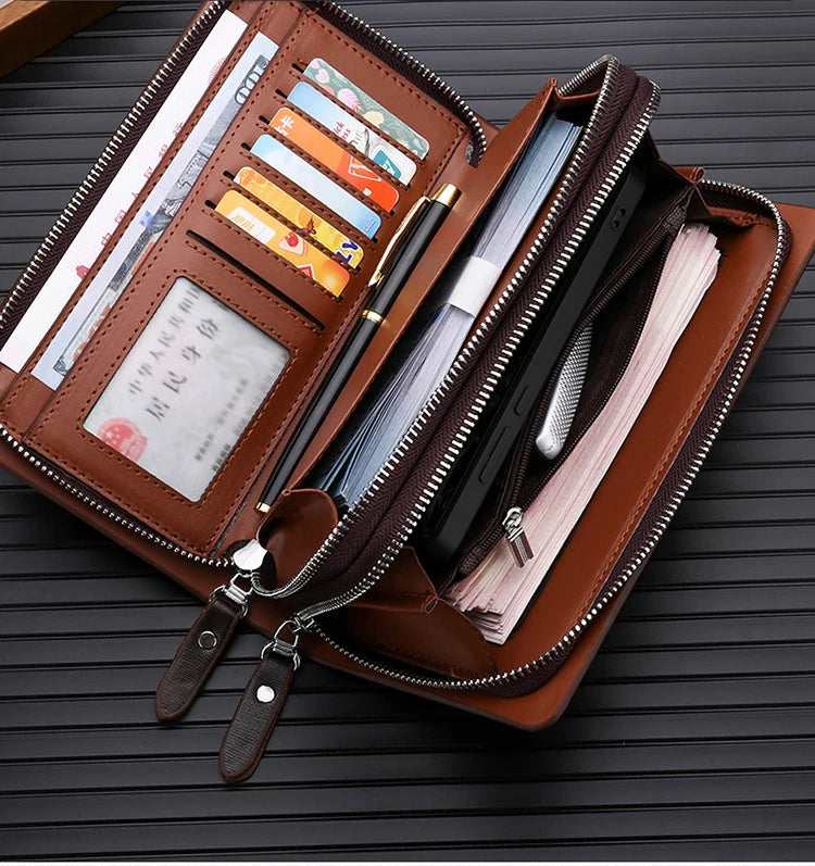 Kangaroo marca masculina bolsa de embreagem moda couro longo bolsa duplo zíper carteira negócios preto marrom masculino casual acessível saco