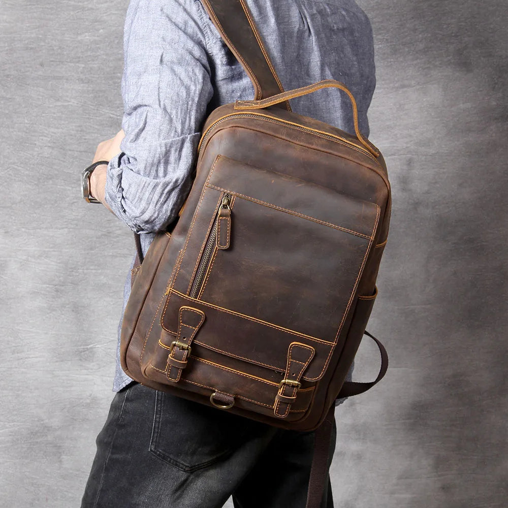 Mochila Vintage de Couro Genuíno S.WORKER, Bolsa para Laptop, Couro Crazy-horse, Mochila Escolar, Bolsa de Viagem para Fim de Semana