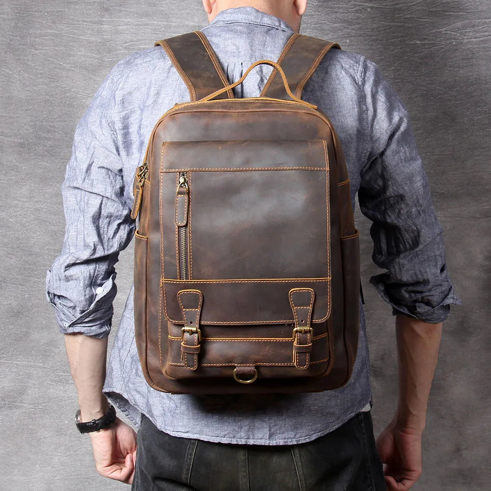 Mochila Vintage de Couro Genuíno S.WORKER, Bolsa para Laptop, Couro Crazy-horse, Mochila Escolar, Bolsa de Viagem para Fim de Semana