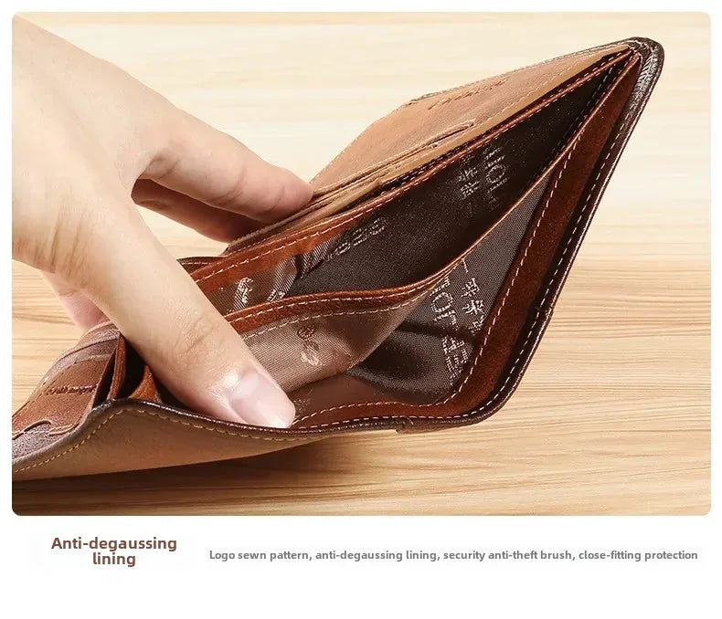 Carteira masculina de couro genuíno com bloqueio rfid, carteira com três dobras, vintage, fina, curta, multifuncional, id, cartão de crédito, bolsa masculina, dinheiro