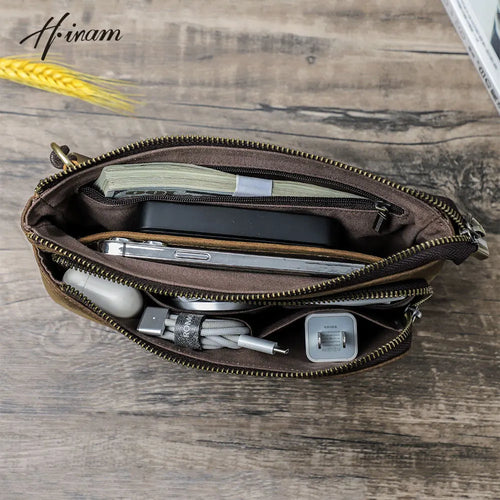 Bolsa de mão masculina de couro genuíno, bolsa de mão para viagem de negócios, grande capacidade, organizador de cabo, bolsa de mão estilo vintage