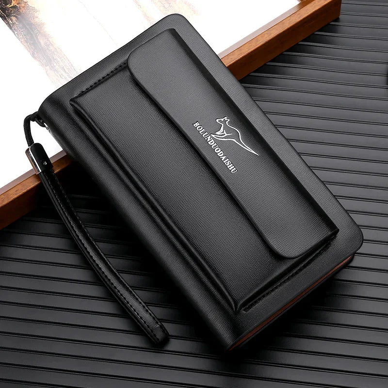 Kangaroo marca masculina bolsa de embreagem moda couro longo bolsa duplo zíper carteira negócios preto marrom masculino casual acessível saco