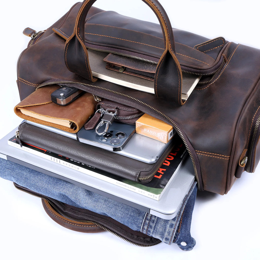 S.WORKER Bolsa de viagem vintage de couro genuíno Crazy Horse Bolsa de lona de couro masculina Bolsa de fim de semana Bolsa de ginástica Bagagem de mão