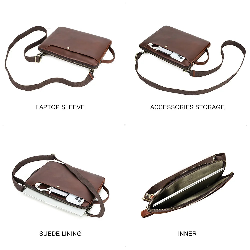 Bolsa de couro genuíno para laptop, bolsa para macbook pro air 14 13, bolsa crossbody, bolsa de negócios com alça de ombro