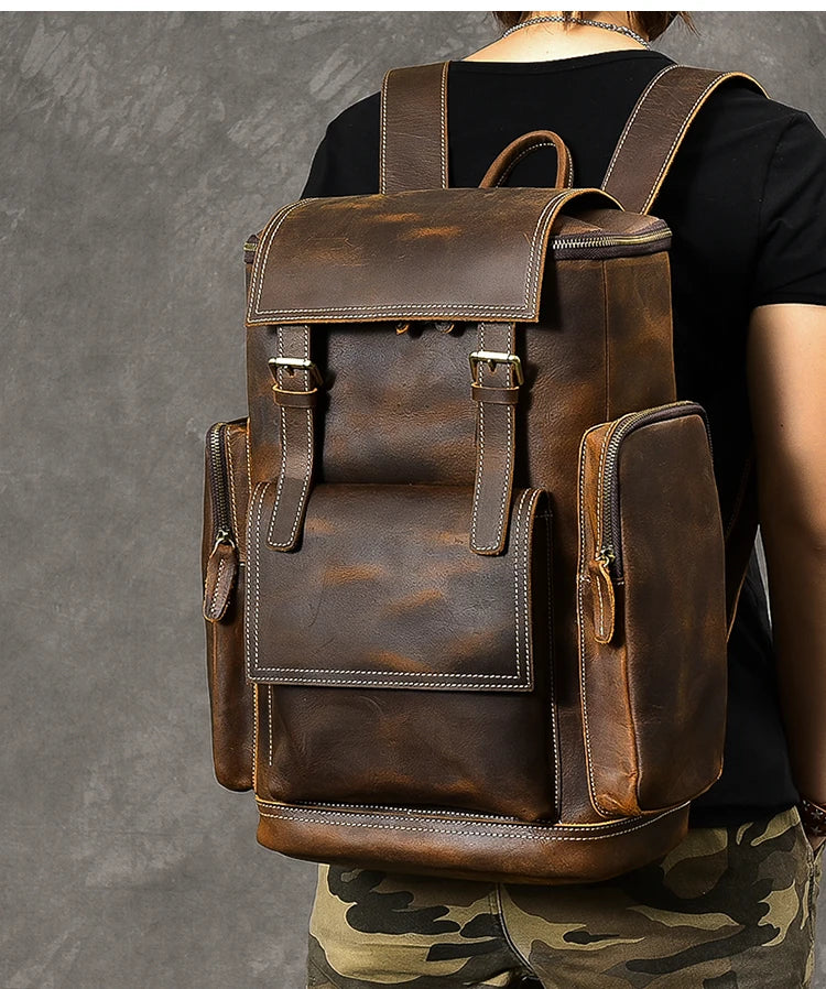 Vintage cavalo louco mochila de couro genuíno dos homens bagpack escalada mochila masculino grande caminhadas mochila m814