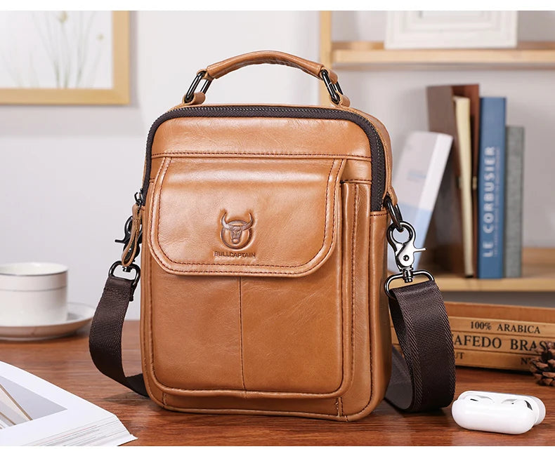 BULLCAPTAIN-Bolsa De Ombro De Couro Genuíno Para Homens, Bolsa Multifuncional Tablet, Bolsa Crossbody Casual, Couro De Vaca Retro, 7.9"