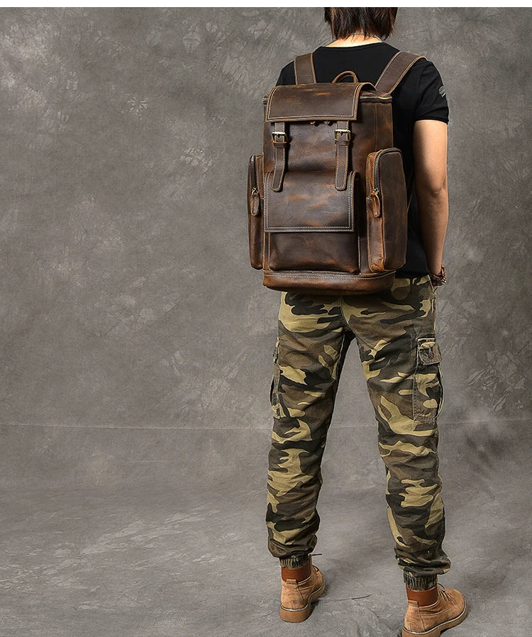 Vintage cavalo louco mochila de couro genuíno dos homens bagpack escalada mochila masculino grande caminhadas mochila m814