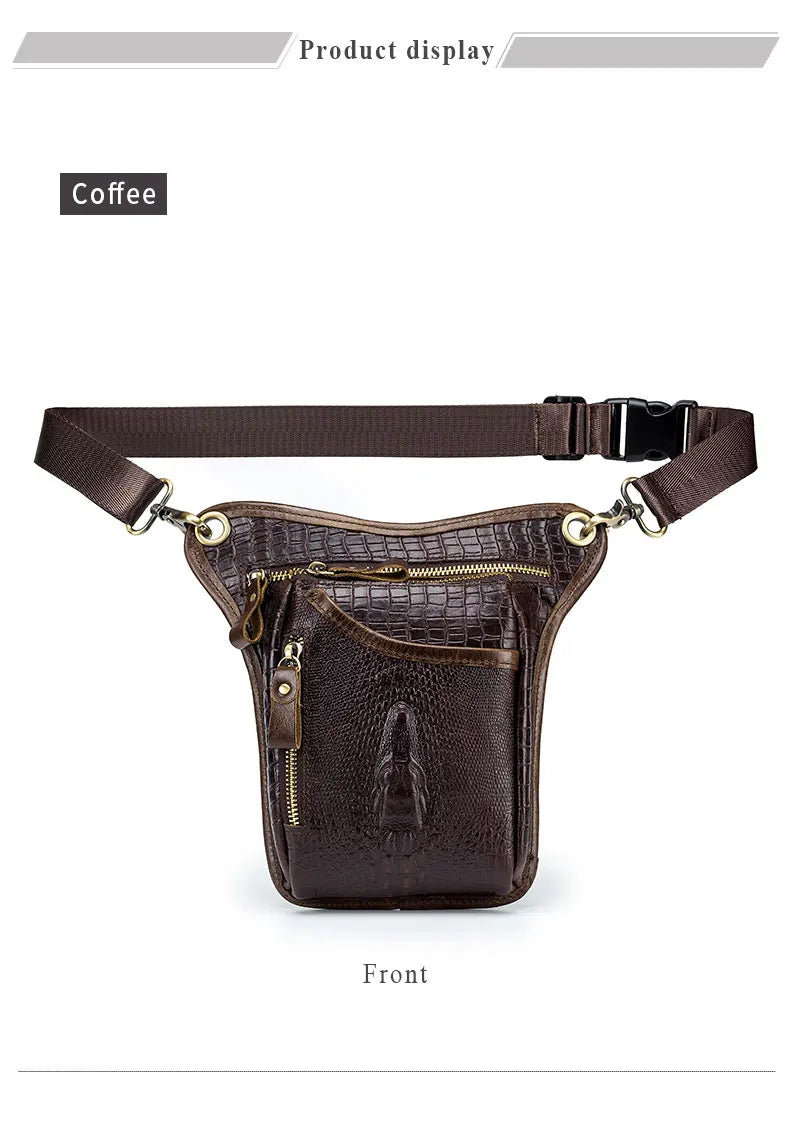 SCHLATUM-Couro Genuíno Motocicleta Fanny, Design Multifunções dos homens, Grão de Crocodilo, Pacote de cinto, Drop Leg Bag