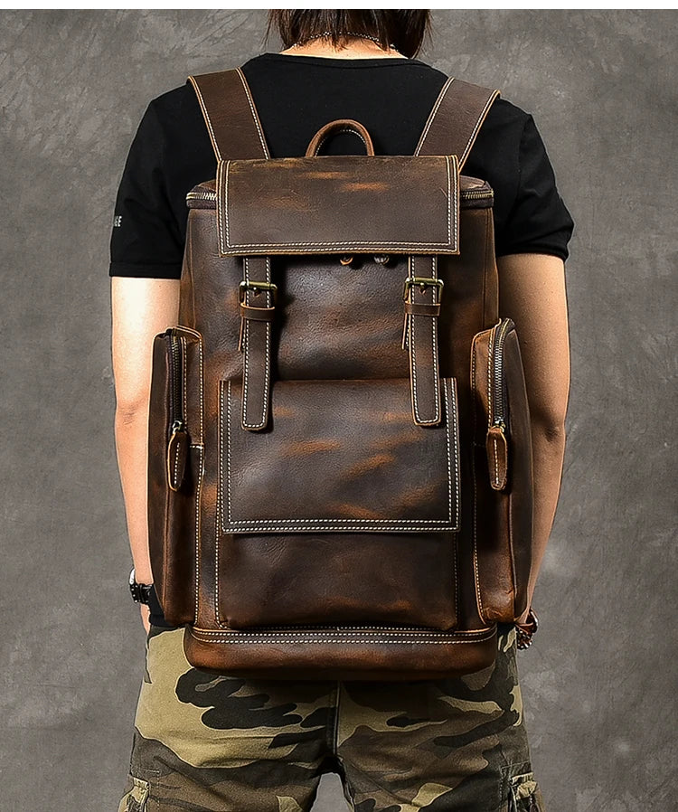 Vintage cavalo louco mochila de couro genuíno dos homens bagpack escalada mochila masculino grande caminhadas mochila m814