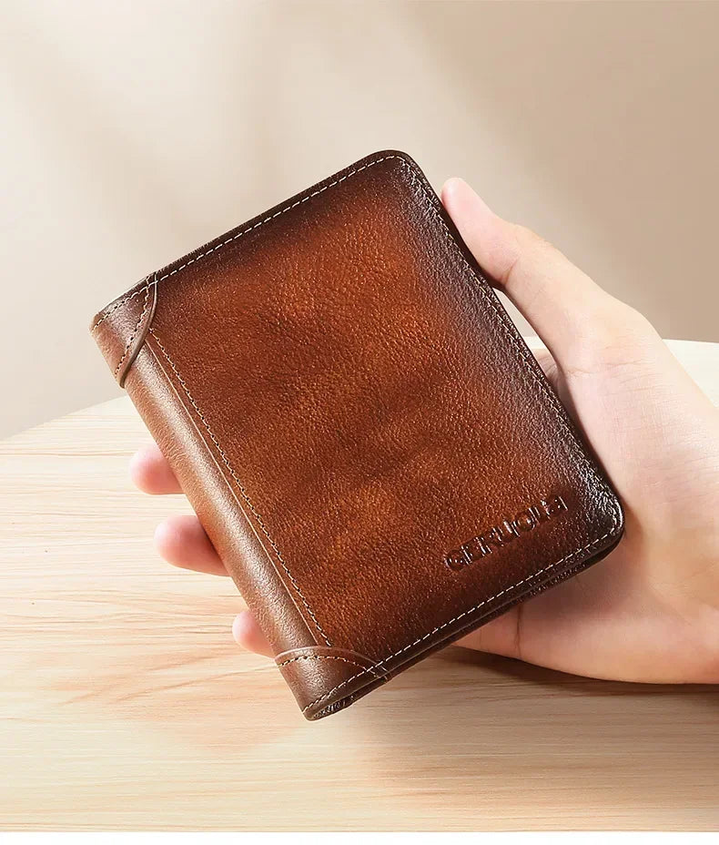 Carteira masculina de couro genuíno com bloqueio rfid, carteira com três dobras, vintage, fina, curta, multifuncional, id, cartão de crédito, bolsa masculina, dinheiro