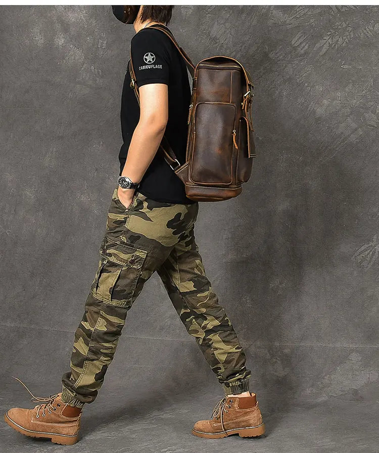Vintage cavalo louco mochila de couro genuíno dos homens bagpack escalada mochila masculino grande caminhadas mochila m814