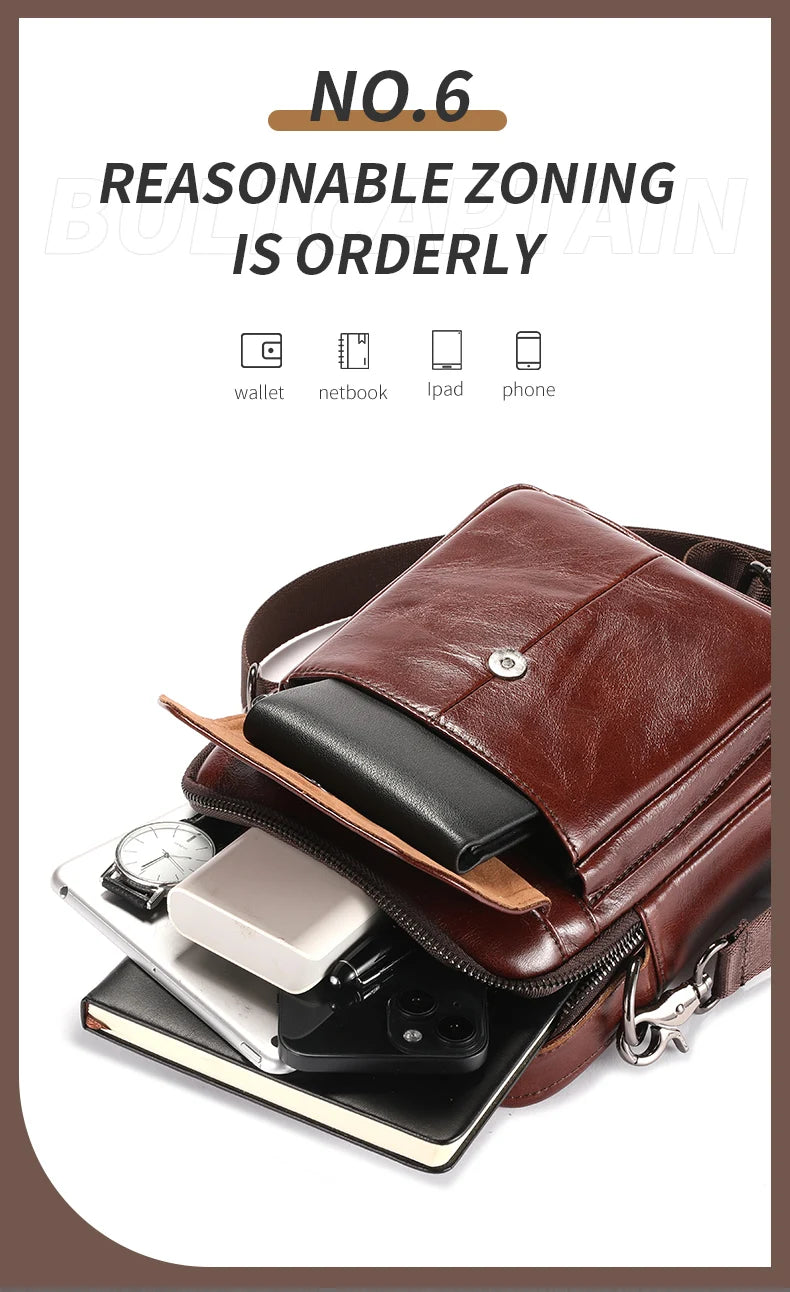 BULLCAPTAIN-Bolsa De Ombro De Couro Genuíno Para Homens, Bolsa Multifuncional Tablet, Bolsa Crossbody Casual, Couro De Vaca Retro, 7.9"
