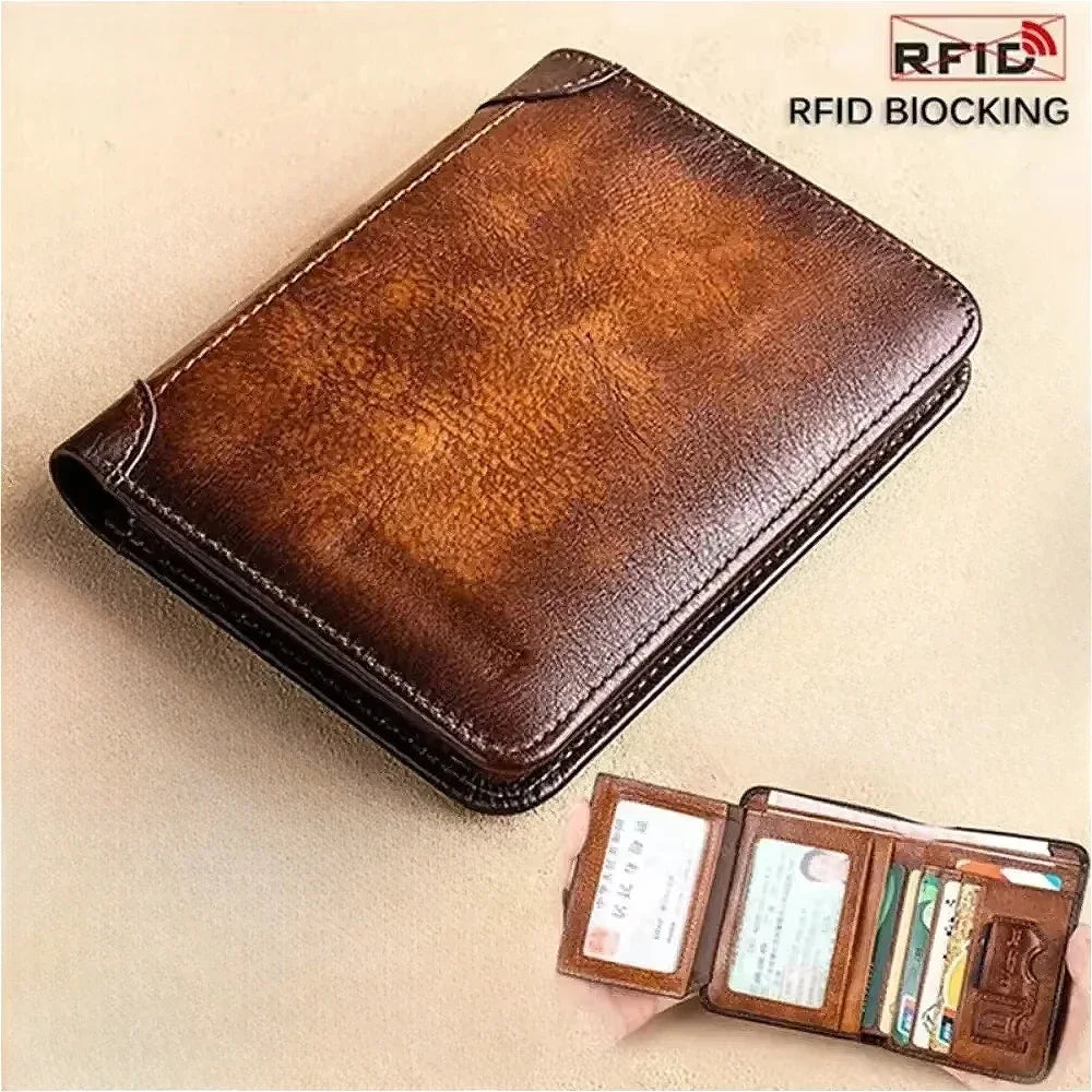 Carteira masculina de couro genuíno com bloqueio rfid, carteira com três dobras, vintage, fina, curta, multifuncional, id, cartão de crédito, bolsa masculina, dinheiro