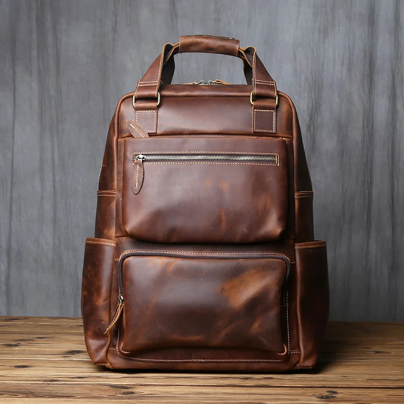 NZPJ-Mochila masculina retrô de couro de camada superior, grande capacidade, bolsa para computador, Crazy Horse, lazer e viagem