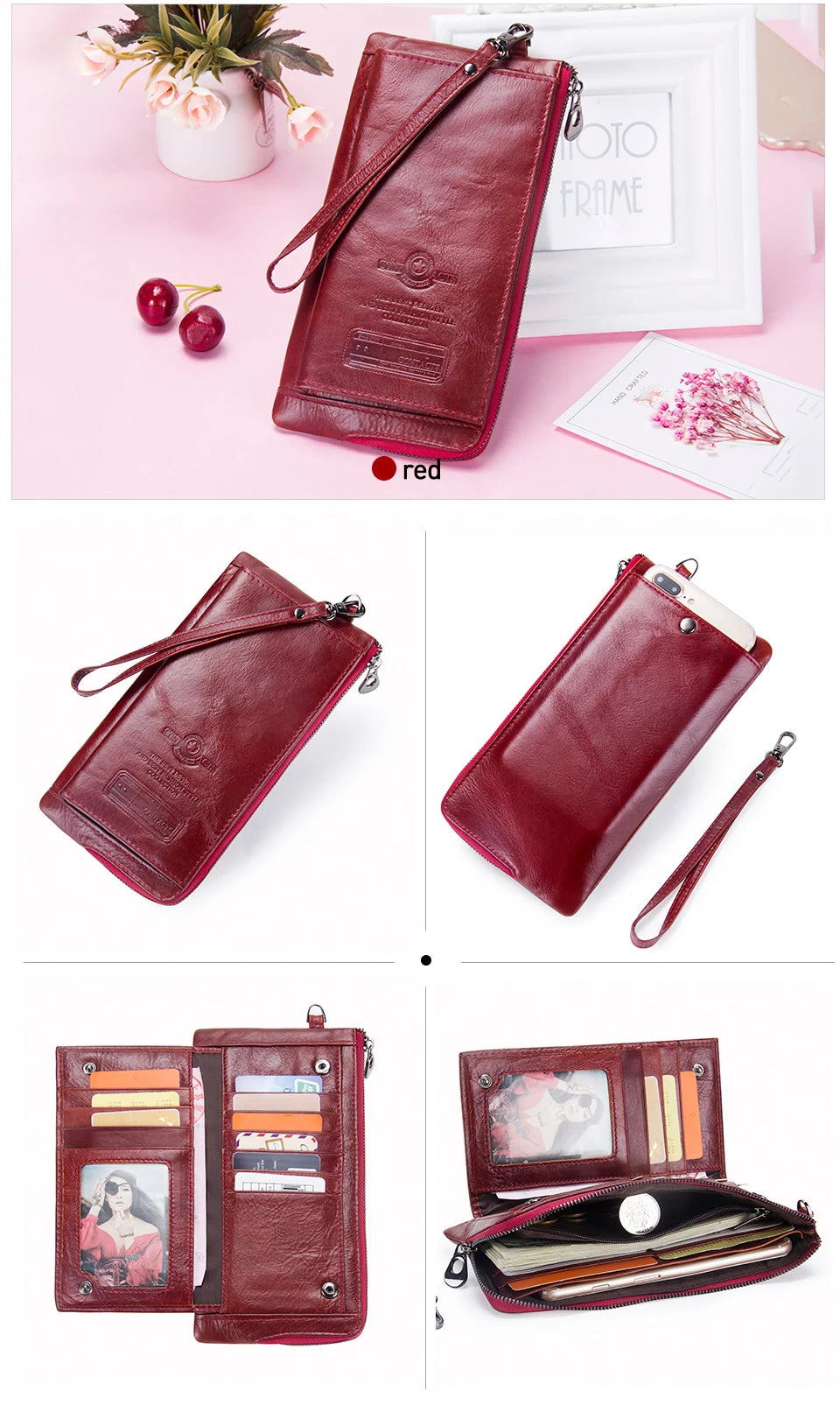 Carteira longa de couro genuíno da CONTACT'S para homens com zíper duplo carteira titular do cartão bolsa de moedas clipe de dinheiro bolsa feminina