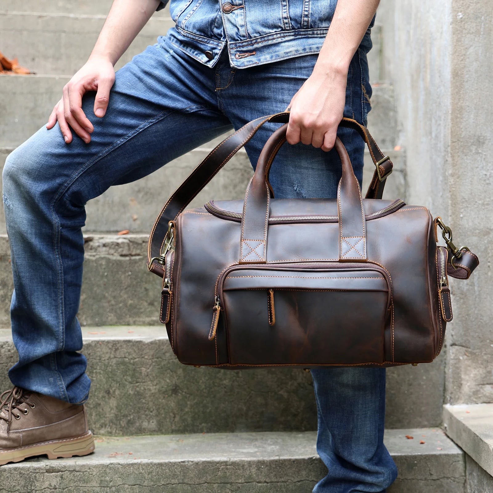 S.WORKER Bolsa de viagem vintage de couro genuíno Crazy Horse Bolsa de lona de couro masculina Bolsa de fim de semana Bolsa de ginástica Bagagem de mão