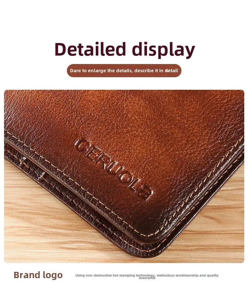 Carteira masculina de couro genuíno com bloqueio rfid, carteira com três dobras, vintage, fina, curta, multifuncional, id, cartão de crédito, bolsa masculina, dinheiro