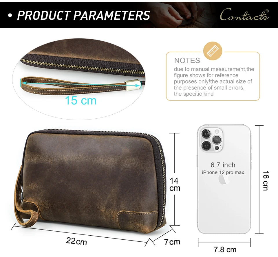Contact's bolsa de mão de viagem masculina, carteira de couro genuíno, bolsa casual, organizador de cabo de carga, bolsa de armazenamento
