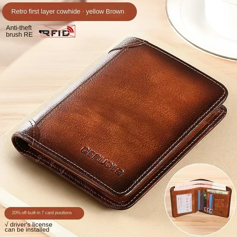 Carteira masculina de couro genuíno com bloqueio rfid, carteira com três dobras, vintage, fina, curta, multifuncional, id, cartão de crédito, bolsa masculina, dinheiro