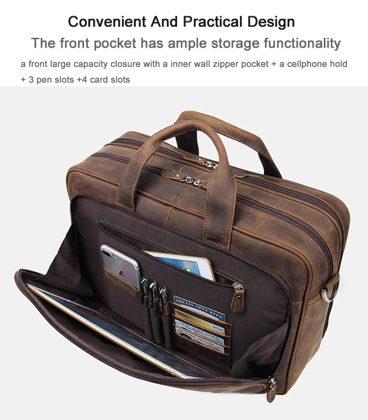 Pasta de couro genuíno de alta qualidade para homens, bolsa de negócios, couro crazy horse, grande, 17 polegadas, bolsa para laptop, porta-pasta masculina, estojo de escritório