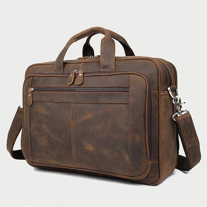 Pasta de couro genuíno de alta qualidade para homens, bolsa de negócios, couro crazy horse, grande, 17 polegadas, bolsa para laptop, porta-pasta masculina, estojo de escritório