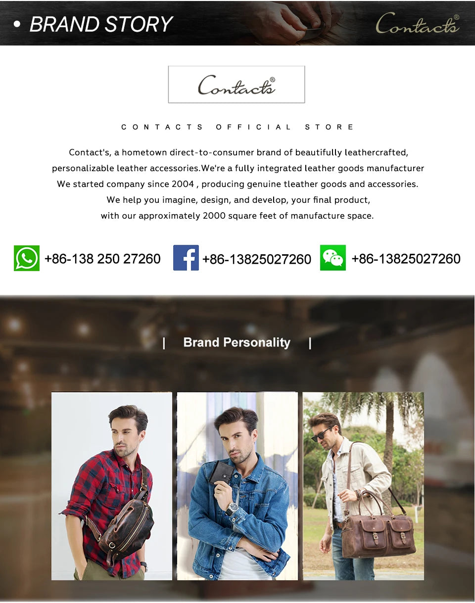 Contact's bolsa de mão de viagem masculina, carteira de couro genuíno, bolsa casual, organizador de cabo de carga, bolsa de armazenamento