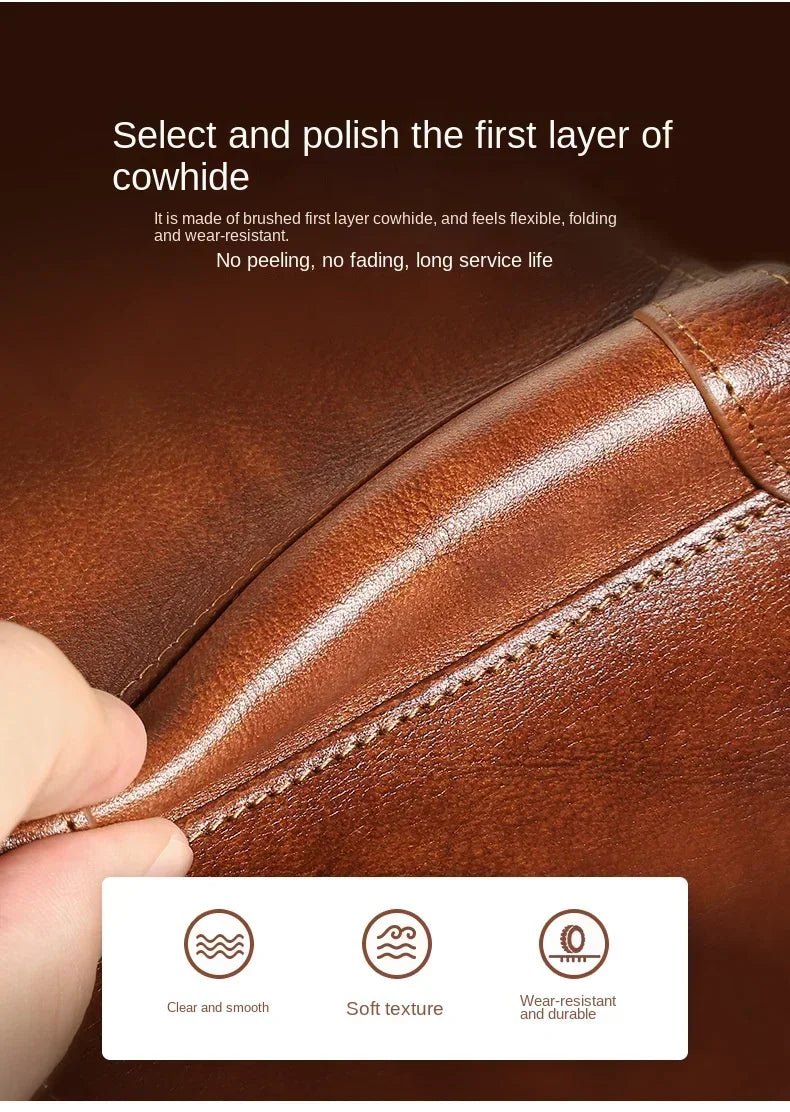 Carteira masculina de couro genuíno com bloqueio rfid, carteira com três dobras, vintage, fina, curta, multifuncional, id, cartão de crédito, bolsa masculina, dinheiro