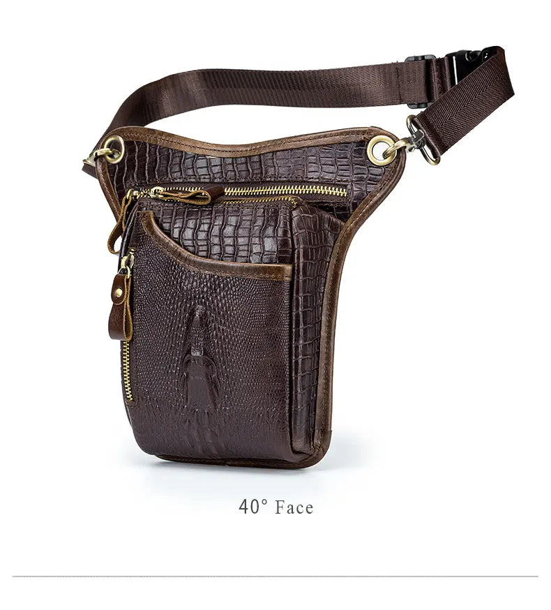 SCHLATUM-Couro Genuíno Motocicleta Fanny, Design Multifunções dos homens, Grão de Crocodilo, Pacote de cinto, Drop Leg Bag